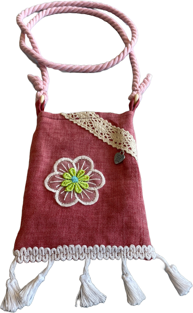 Schultertasche Mini - Dunkelrose mit Blütenapplikation 1