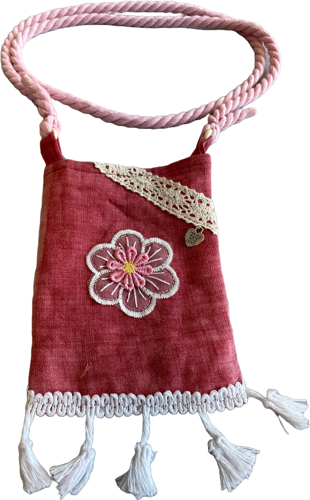 Schultertasche Mini - Dunkelrose mit Blütenapplikation 2