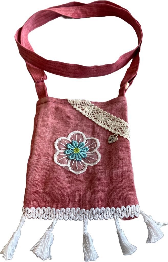 Schultertasche Mini - Dunkelrose mit Blütenapplikation (Altrosa / Rosa Blüte)