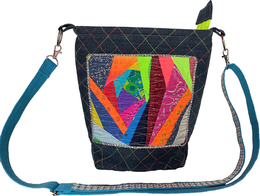 [AHB-0000107] Extravagante Schultertasche im Jeans-Look mit Glitzer-Panel